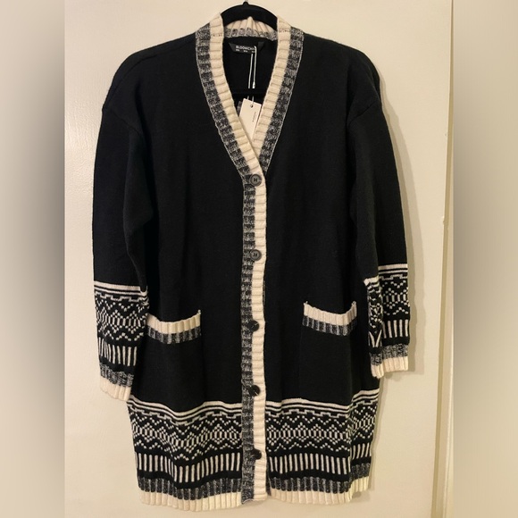 NWT Bloomchic Geometric Black and White Button Down Pocket Cardigan Sz 12 (L) - Picture 1 of 7